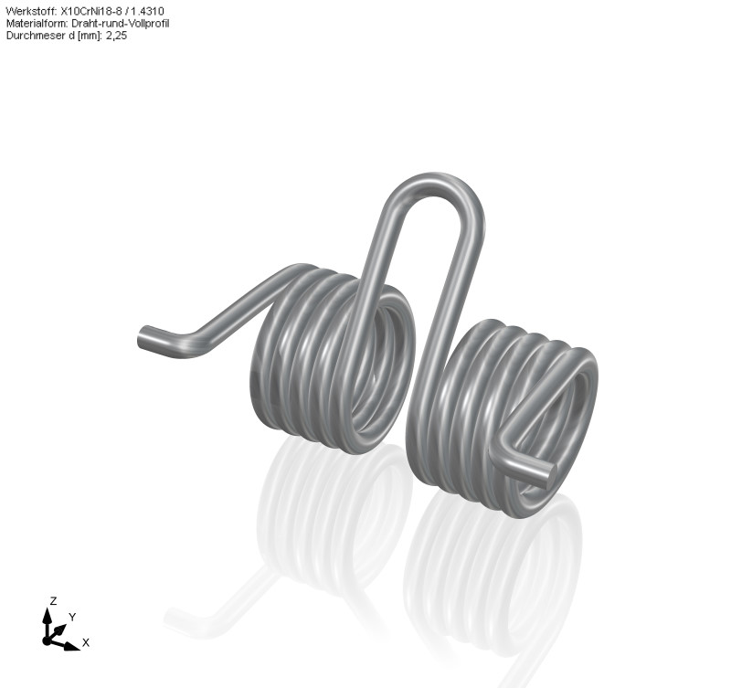 3D CAD construction of a double leg spring with tangential leg arrangement and leg position 0 °, bent spring ends