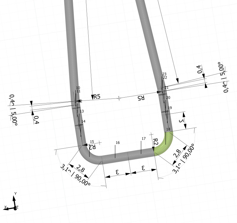 3D-CAD-Konstruktion eines ebenen Drahtbiegeteils mit Bemaßungen